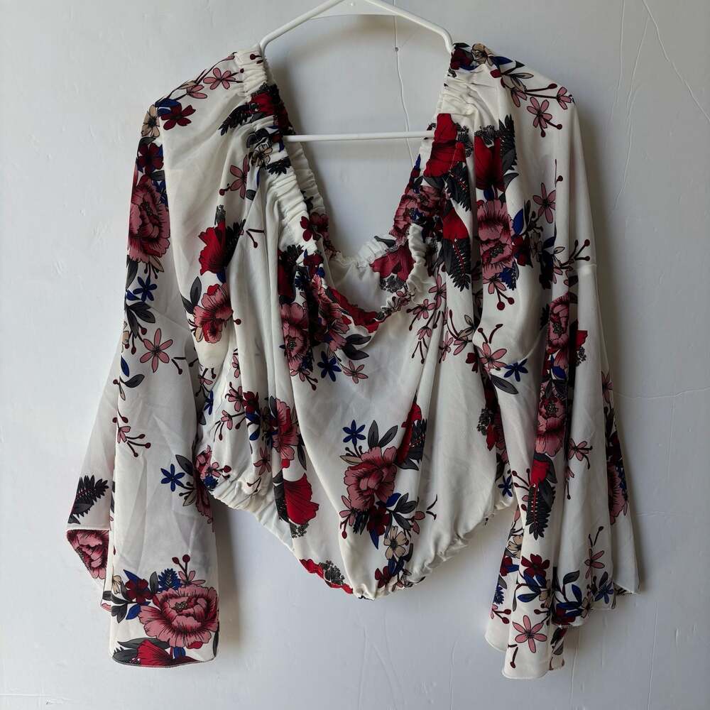 Floral Off-the-Shoulder Bell Sleeve Crop Top Size Large